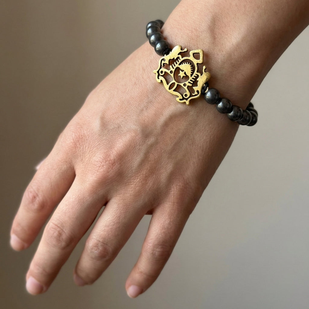 Black Beaded Bracelet with Moroccan Emblem Charm
