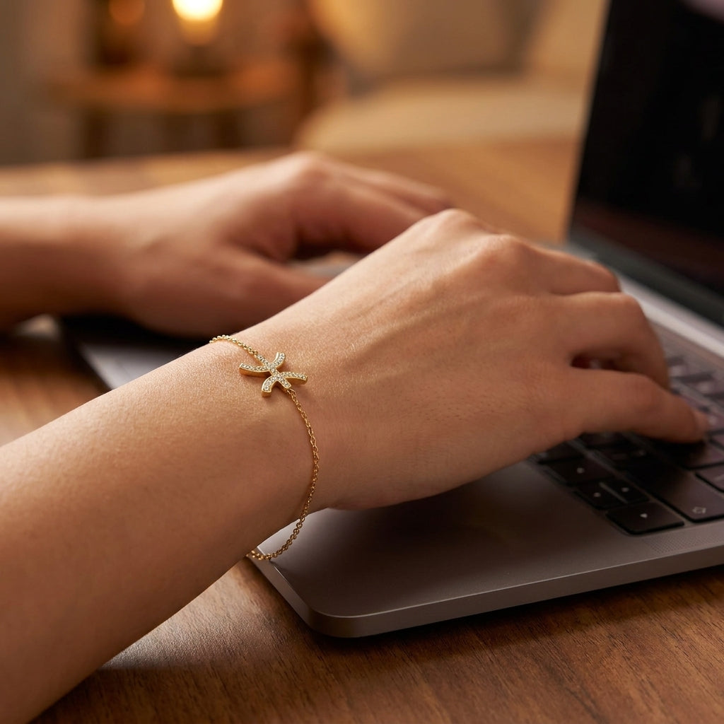 Bracelet signe berbère porté au poignet devant un ordinateur portable