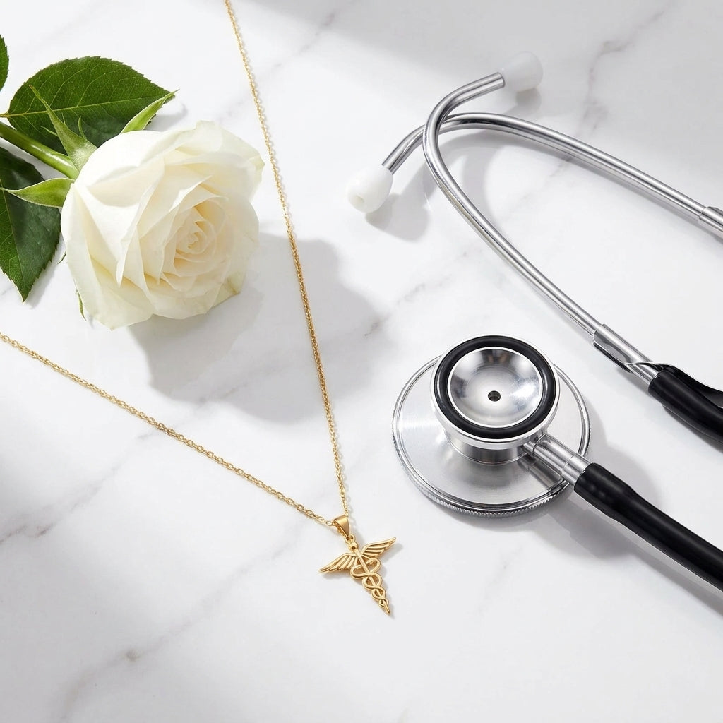 Collier caducée doré avec stéthoscope et rose blanche sur marbre