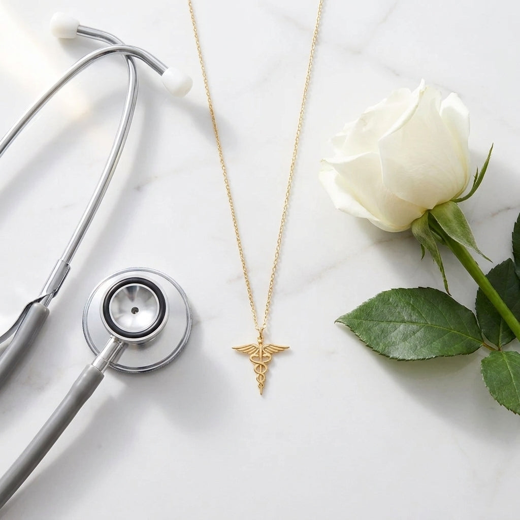 Femme portant collier caducée doré