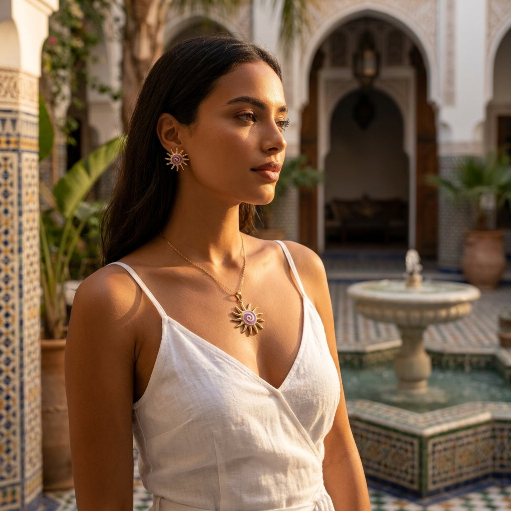 Parure soleil or et email violet - boucles d'oreilles et pendentif sur peau