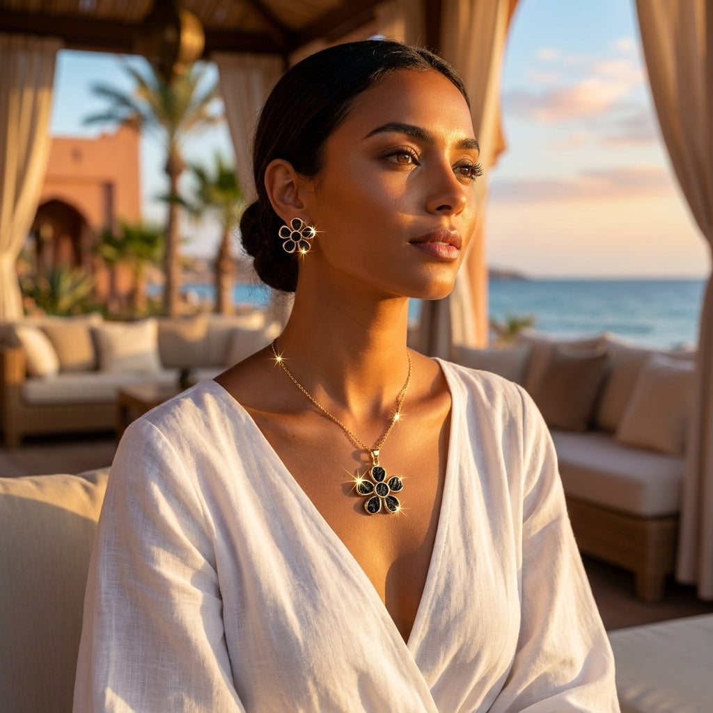 Femme portant la parure fleur noire et dorée dans un resort au bord de la mer