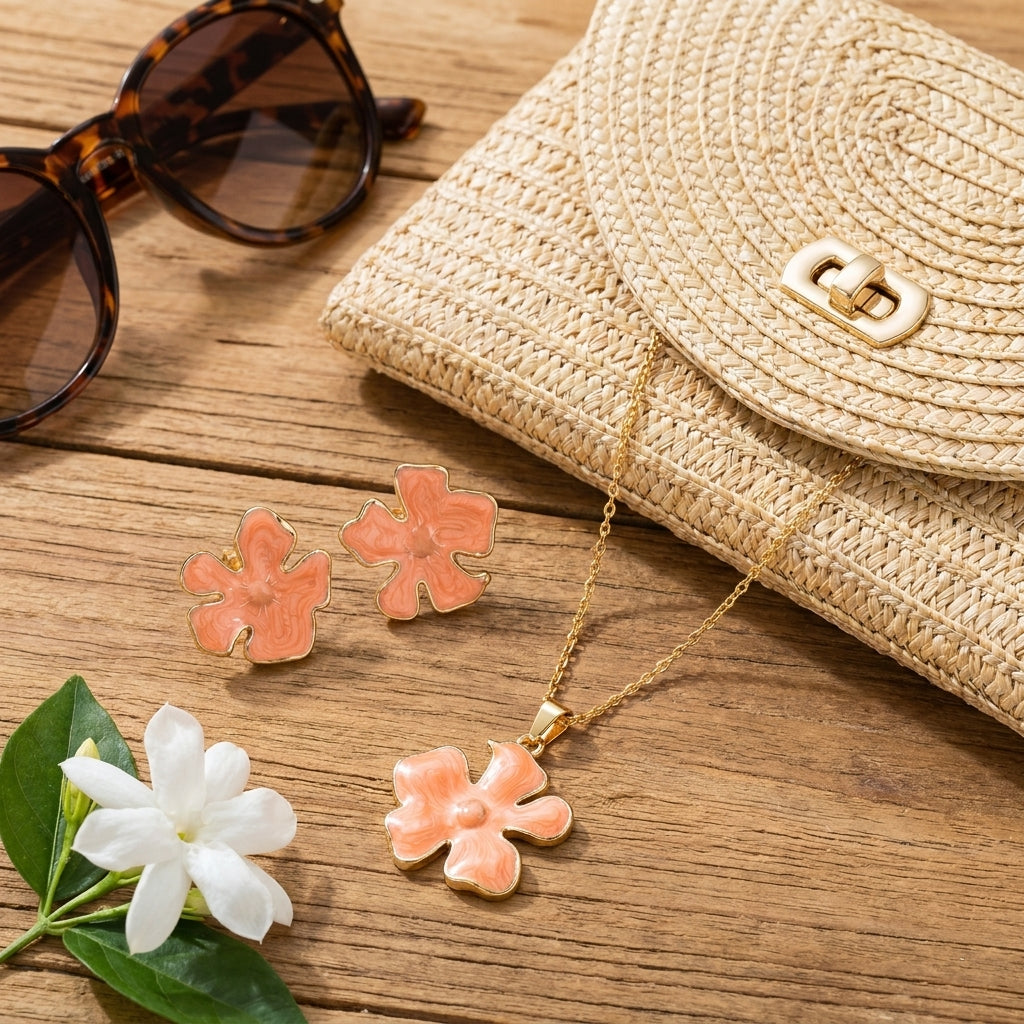 Parure fleur or et email rose pêche avec sac en paille et lunettes de soleil