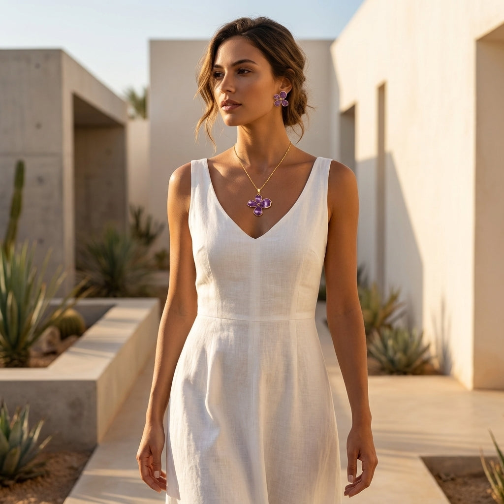 Femme portant la parure fleur violette dans un jardin andalou